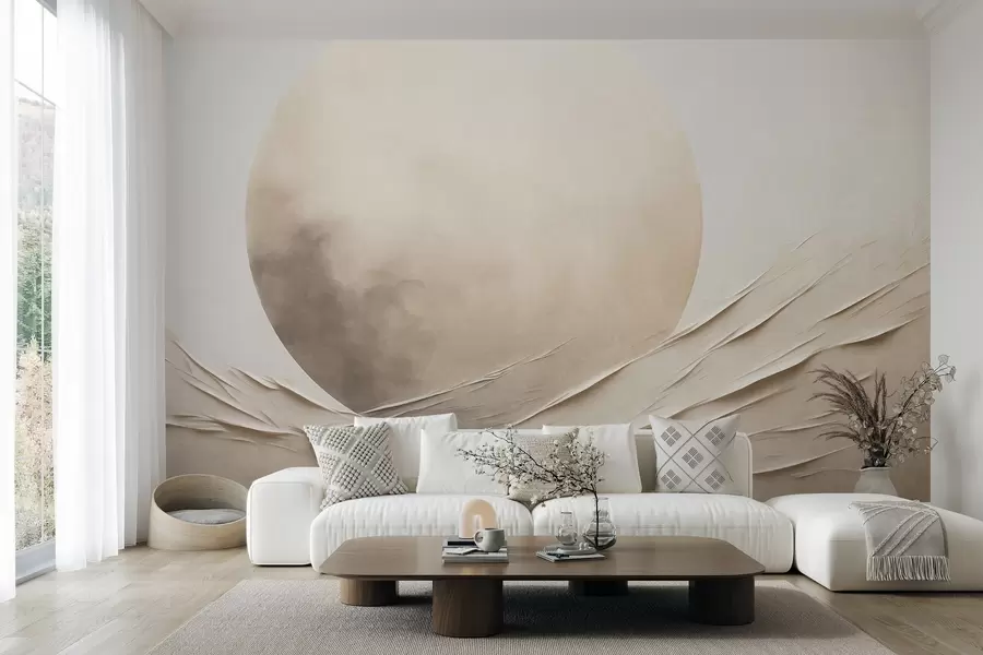 wall murals Abstract, wavy, cream-colored forms with a large, pale sphere, minimalist modern art w09895