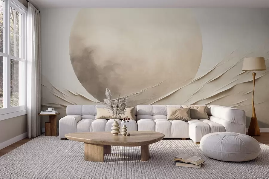 wall murals Abstract, wavy, cream-colored forms with a large, pale sphere, minimalist modern art w09895