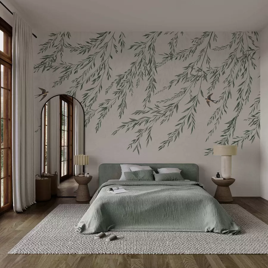 wall murals Green branches and birds on light background w05630