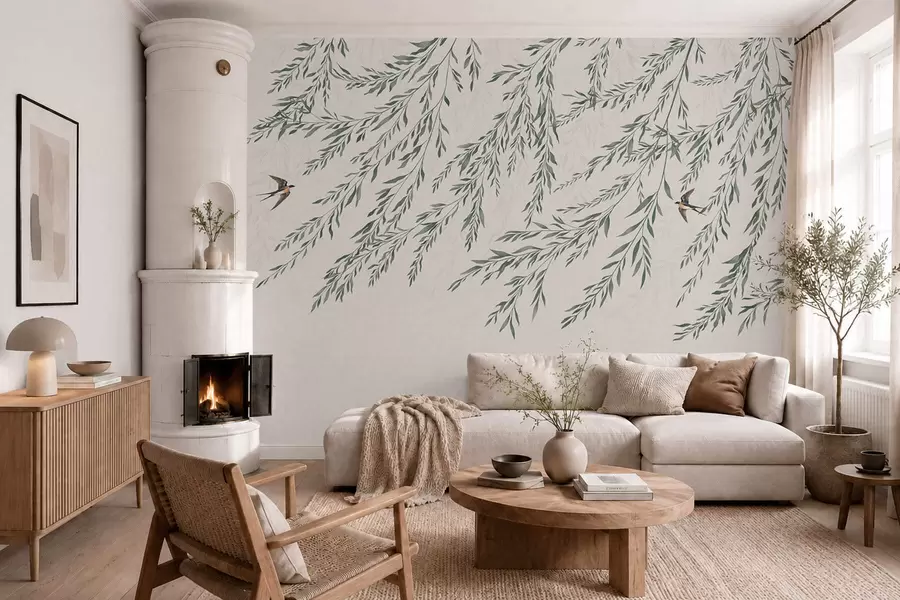 wall murals Green branches and birds on light background w05630