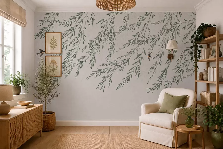 wall murals Green branches and birds on light background w05630