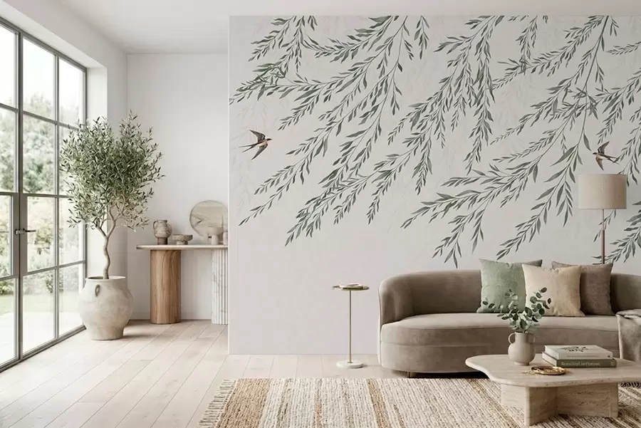 wall murals Green branches and birds on light background w05630