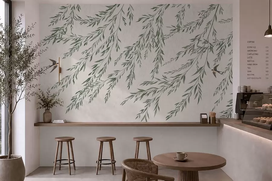 wall murals Green branches and birds on light background w05630