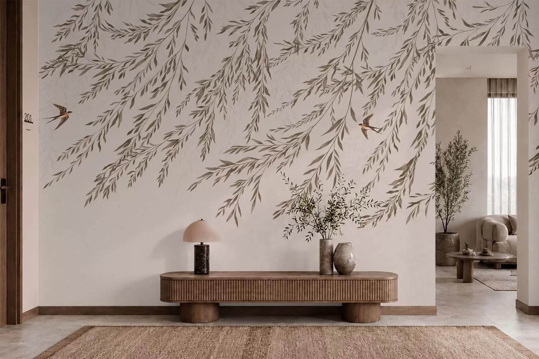 wall murals Beige branches and swallows on light background w05630v1