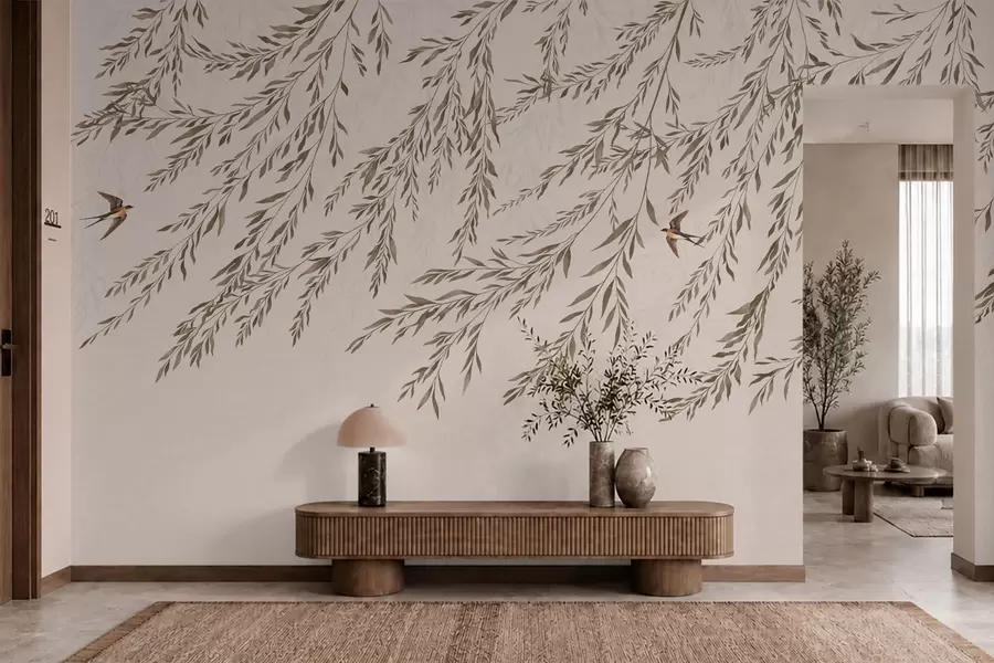 wall murals Beige branches and swallows on light background w05630v1