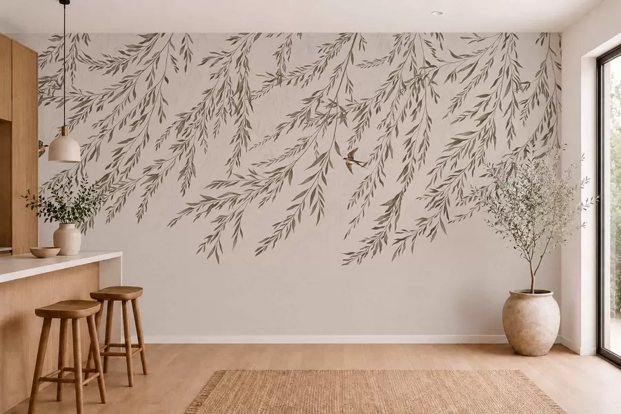wall murals Beige branches and swallows on light background w05630v1