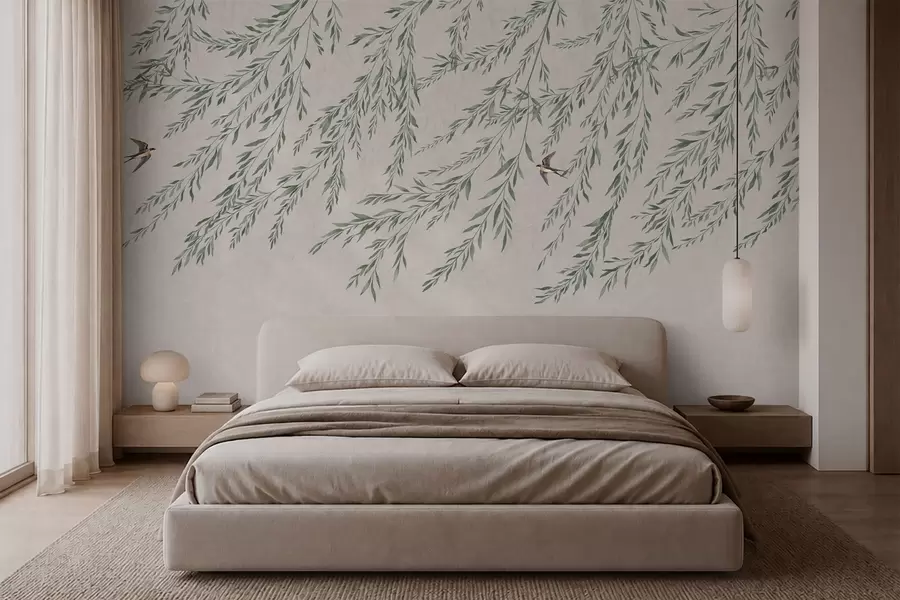 wall murals Green branches and swallows on light background w05630v2