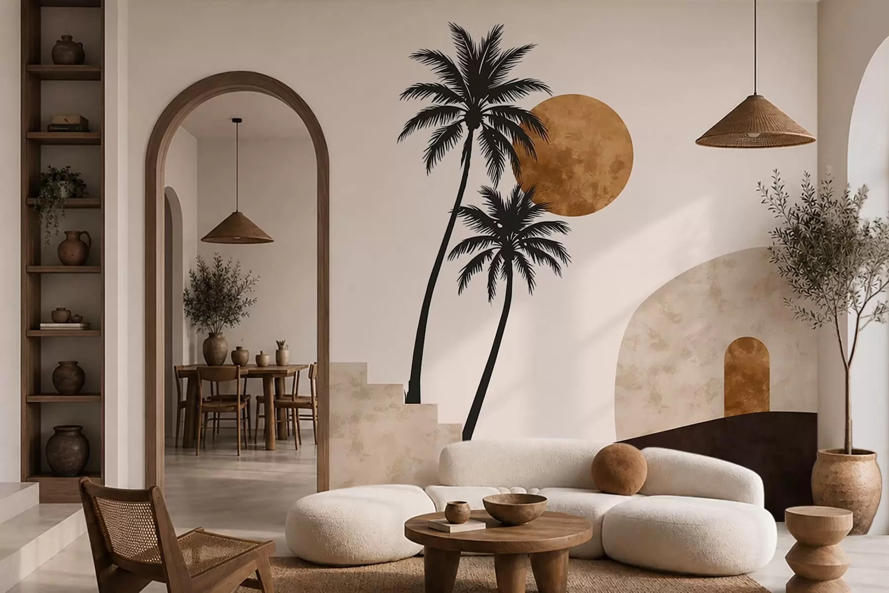 wall murals Palm trees and arch under warm sun w05547