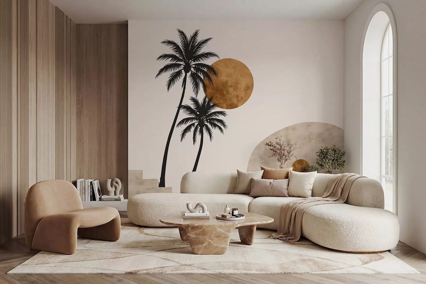 wall murals Palm trees and arch under warm sun w05547