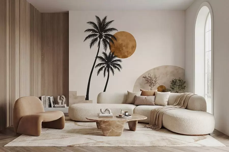 wall murals Palm trees and arch under warm sun w05547