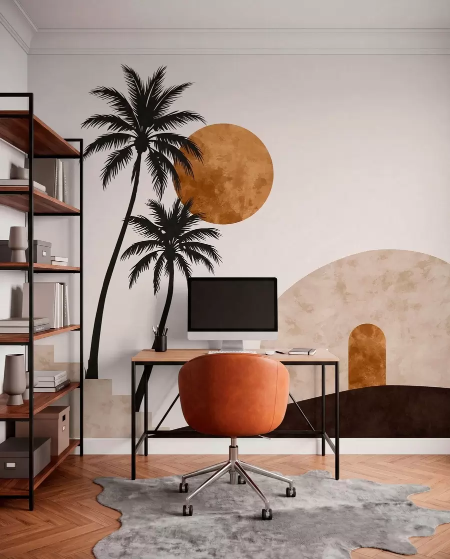 wall murals Palm trees and arch under warm sun w05547