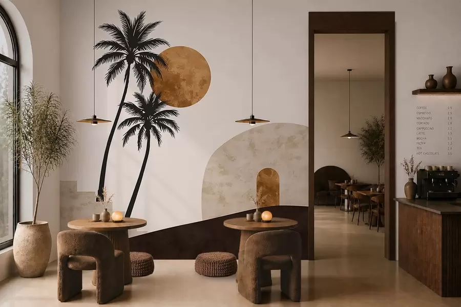 wall murals Palm trees and arch under warm sun w05547