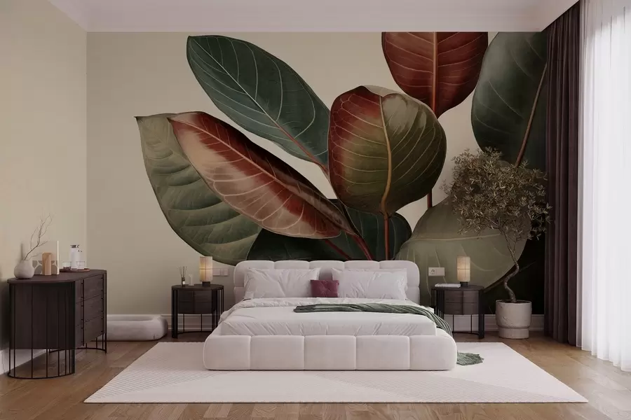 wall murals Textured large, variegated leaves in shades of green, red, and brown against light background w09891