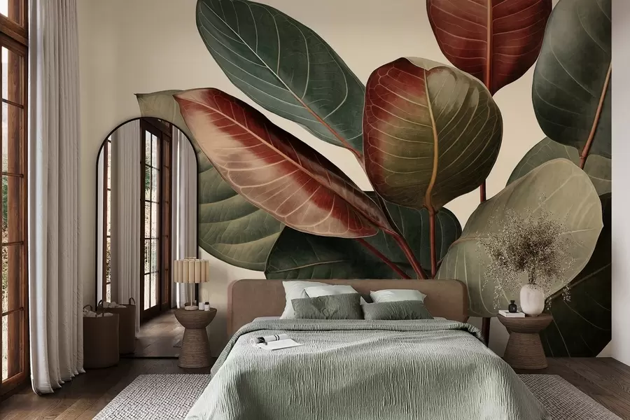wall murals Textured large, variegated leaves in shades of green, red, and brown against light background w09891