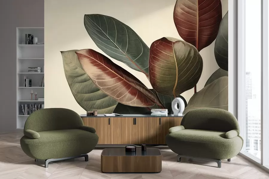 wall murals Textured large, variegated leaves in shades of green, red, and brown against light background w09891