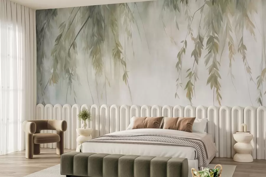 wall murals Willow branches with pale green leaves hanging down against muted background watercolor style w09893