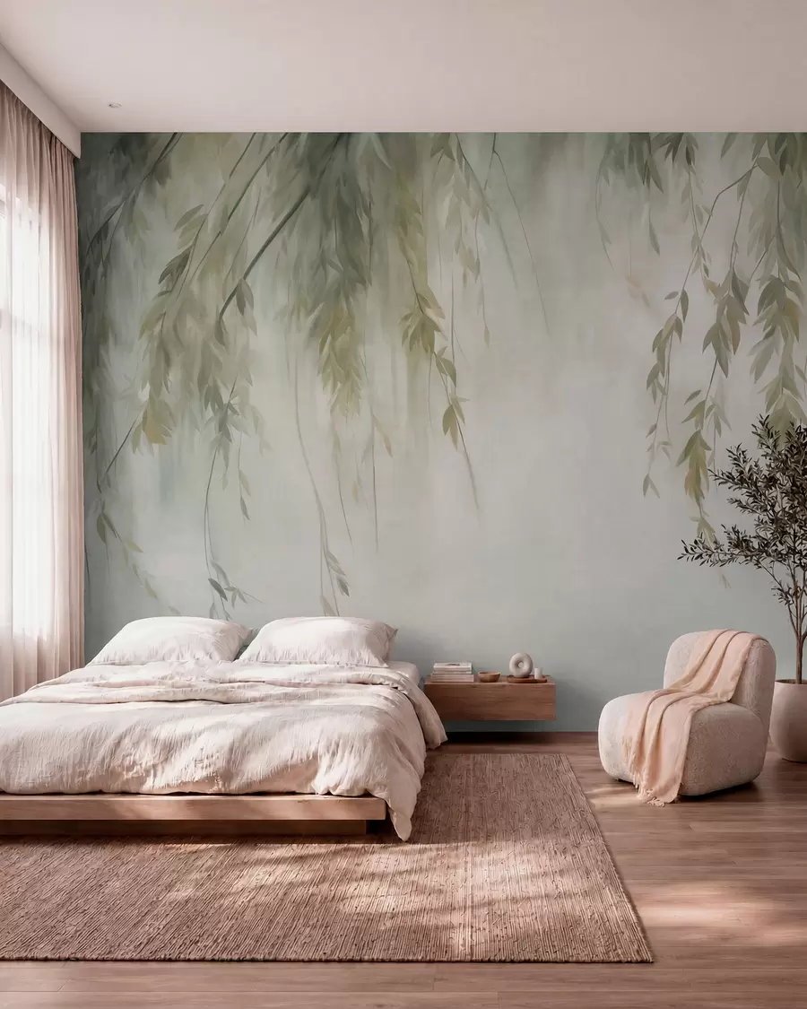 wall murals Willow branches with pale green leaves hanging down against muted background watercolor style w09893