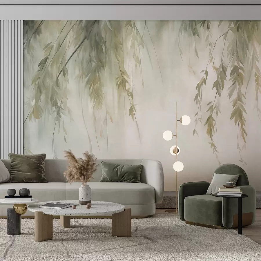 wall murals Willow branches with pale green leaves hanging down against muted background watercolor style w09893