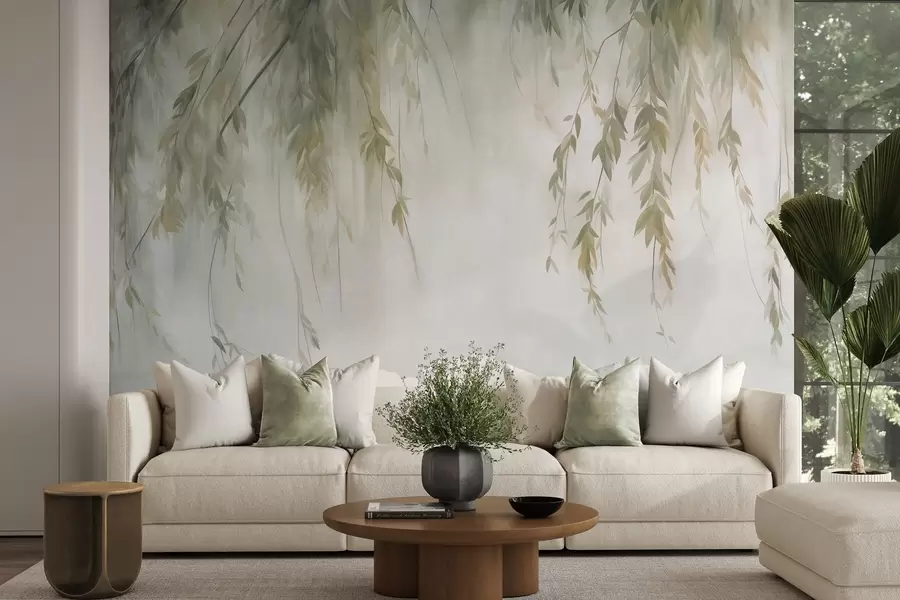 wall murals Willow branches with pale green leaves hanging down against muted background watercolor style w09893