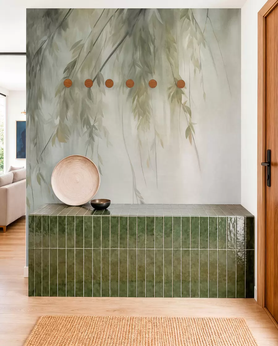wall murals Willow branches with pale green leaves hanging down against muted background watercolor style w09893
