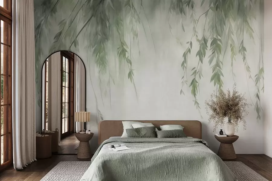wall murals Willow branches with pale green leaves hanging down against muted background watercolor style w09893v1