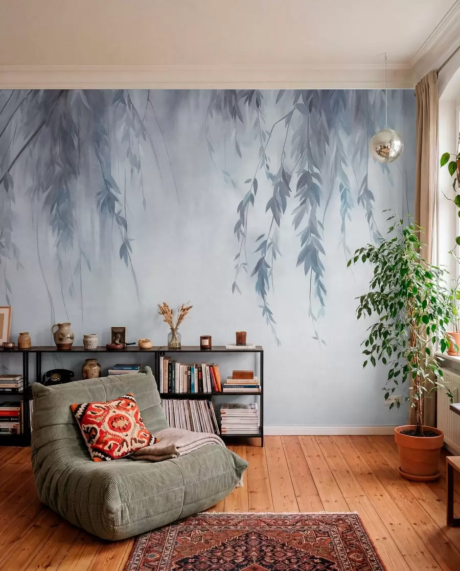 wall murals Willow branches with pale blue leaves hanging down against muted background watercolor style w09893v2