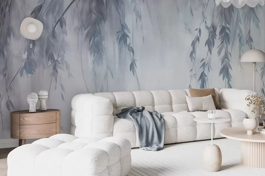 wall murals Willow branches with pale blue leaves hanging down against muted background watercolor style w09893v2