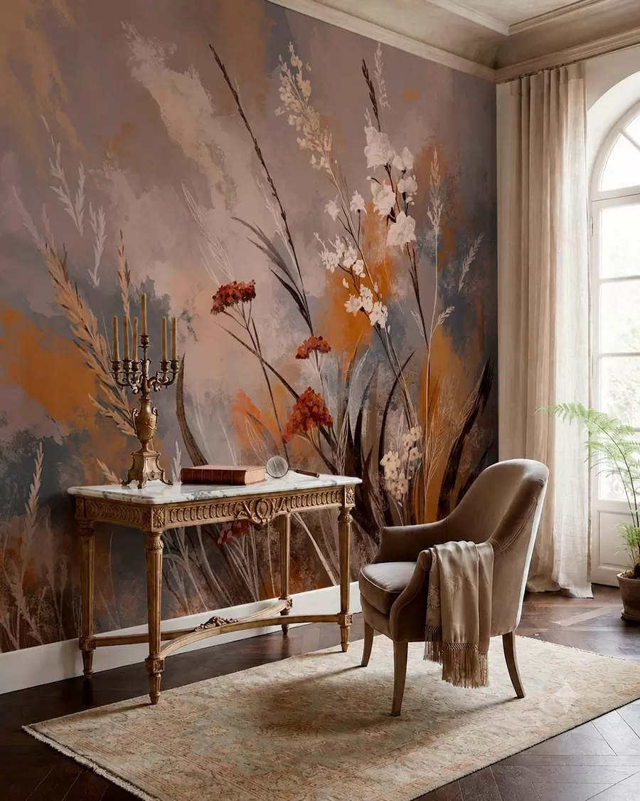 wall murals Abstract meadow plants in warm natural tones w05539