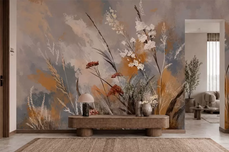 wall murals Abstract meadow plants in warm natural tones w05539