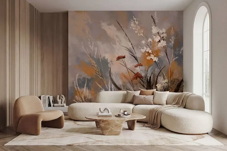 wall murals Abstract meadow plants in warm natural tones w05539