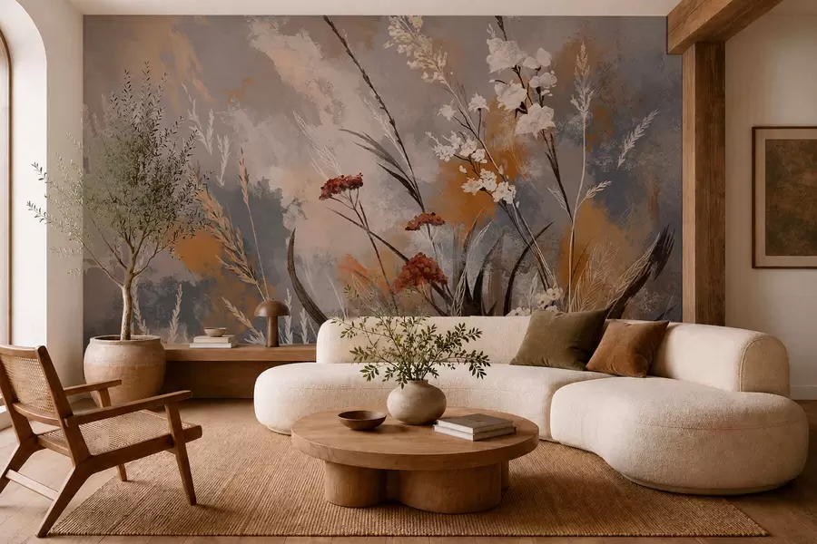 wall murals Abstract meadow plants in warm natural tones w05539