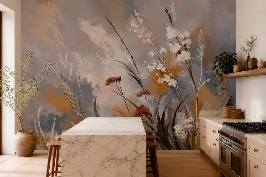 wall murals Abstract meadow plants in warm natural tones w05539