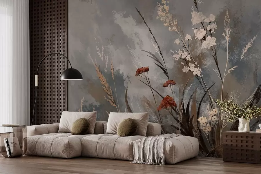 wall murals Meadow grasses and flowers on a gray art background w05539v1