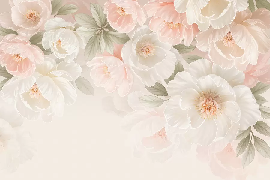 wall murals Large delicate flowers in pink and cream tones w05540