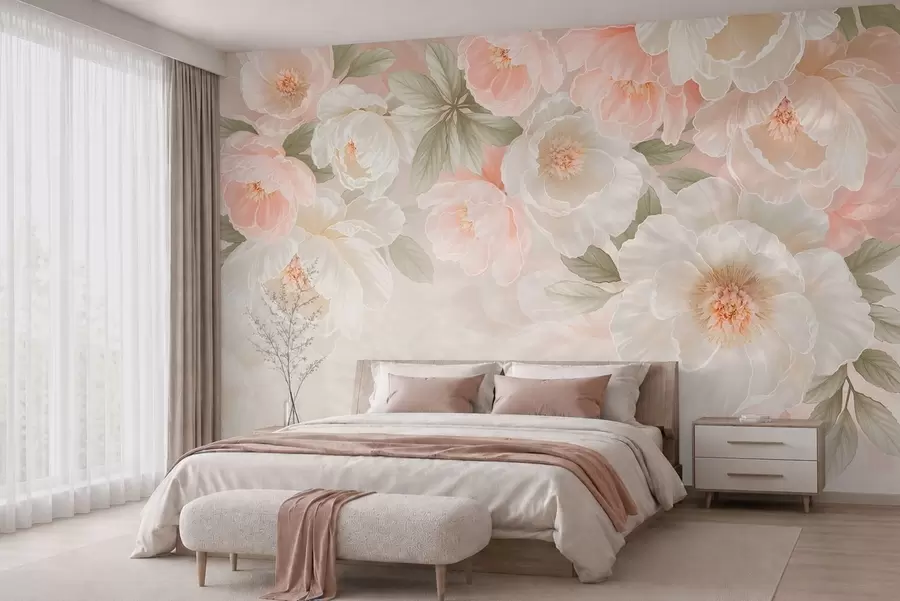 wall murals Large delicate flowers in pink and cream tones w05540