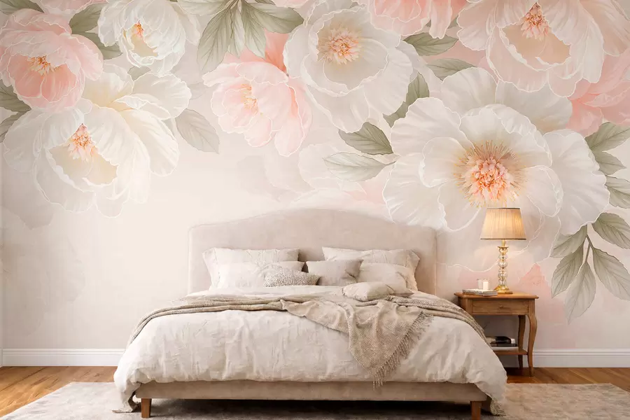 wall murals Large delicate flowers in pink and cream tones w05540