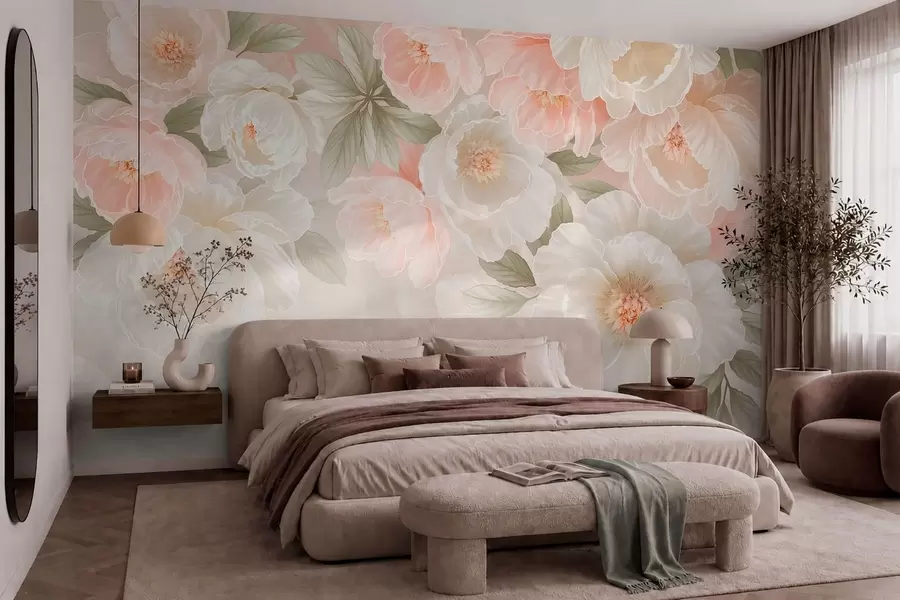 wall murals Large delicate flowers in pink and cream tones w05540