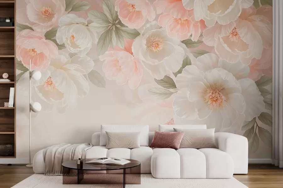 wall murals Large delicate flowers in pink and cream tones w05540