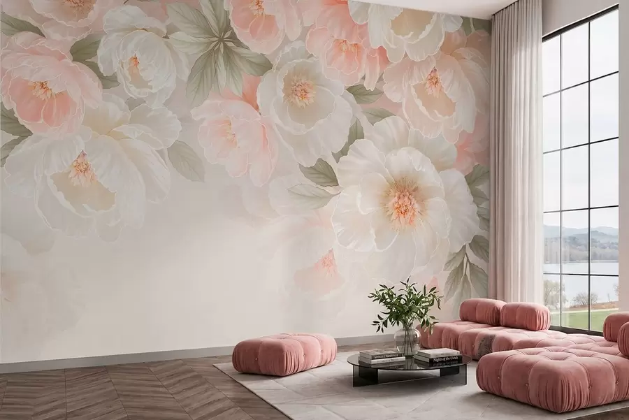 wall murals Large delicate flowers in pink and cream tones w05540