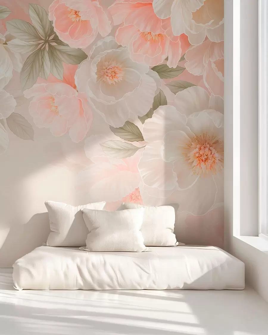 wall murals Large delicate flowers in pink and cream tones w05540