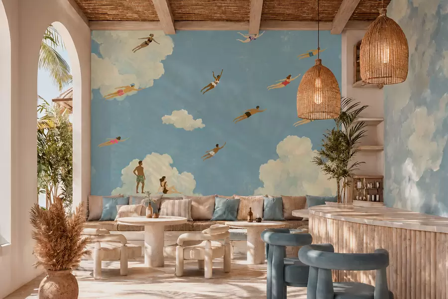 wall murals People floating among clouds in a blue sky w05628