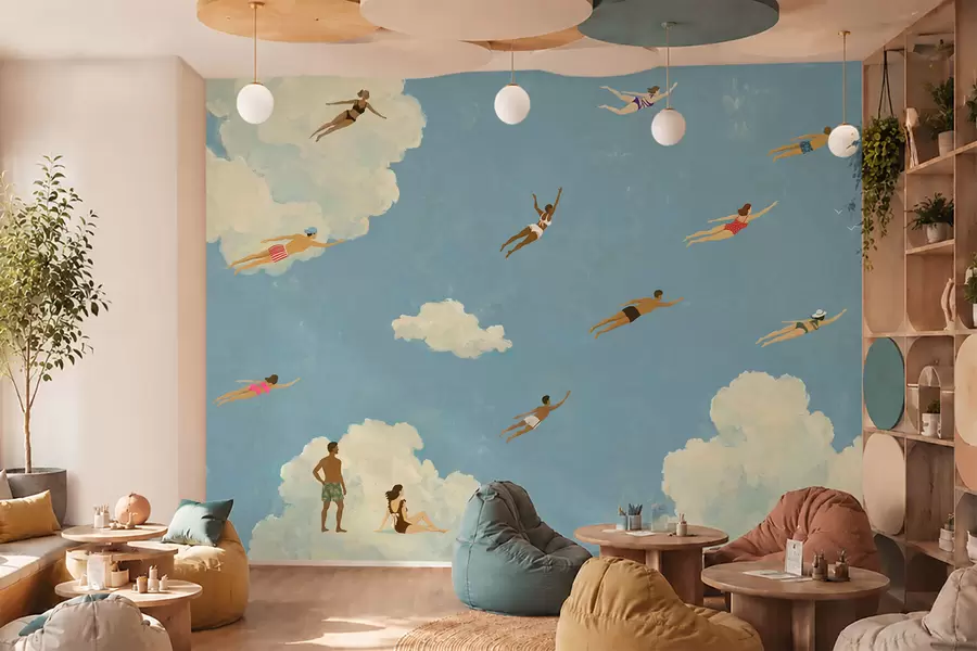 wall murals People floating among clouds in a blue sky w05628