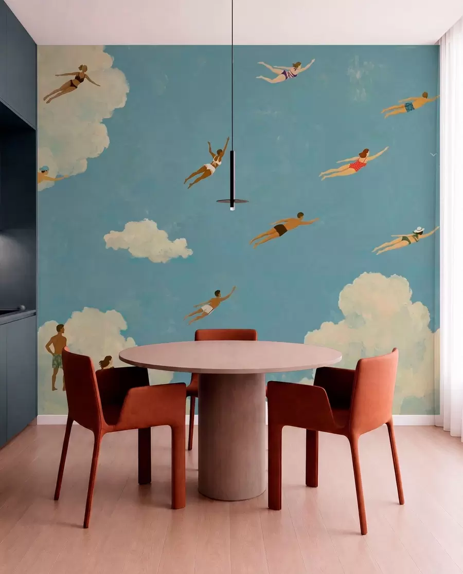 wall murals People floating among clouds in a blue sky w05628