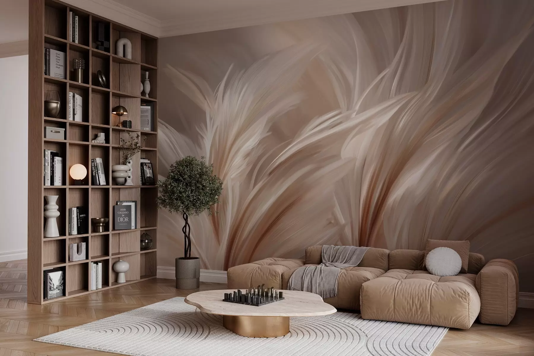 wall murals Elegant feathers in shades of beige and brown w05658