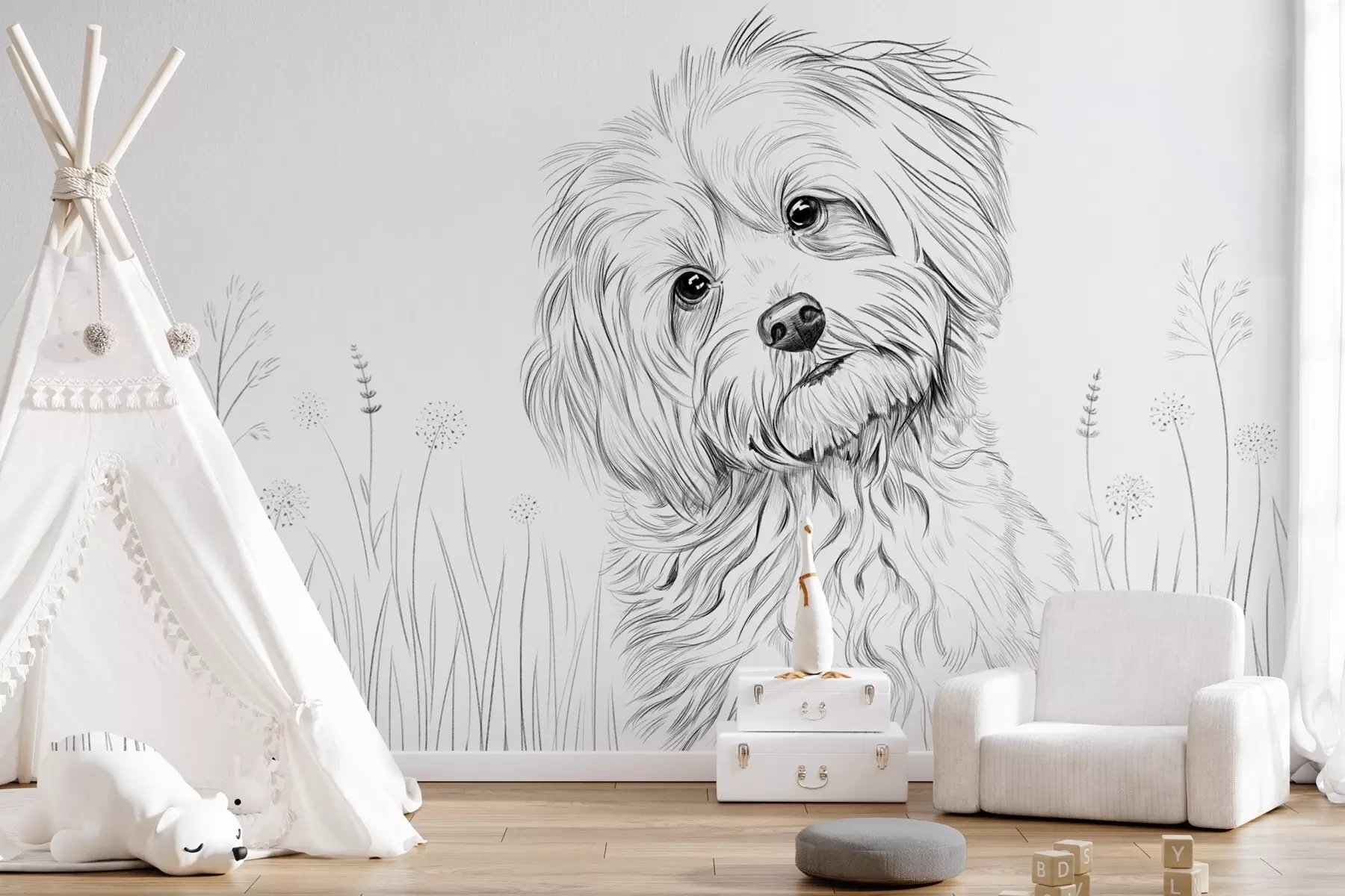 wall murals A cute drawing of a dog in the grass w05656