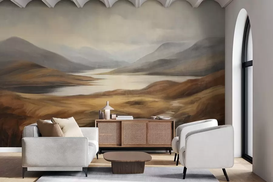 wall murals Textured landscape, lake surrounded by hills and mountains under a cloudy sky with dry grass w09756