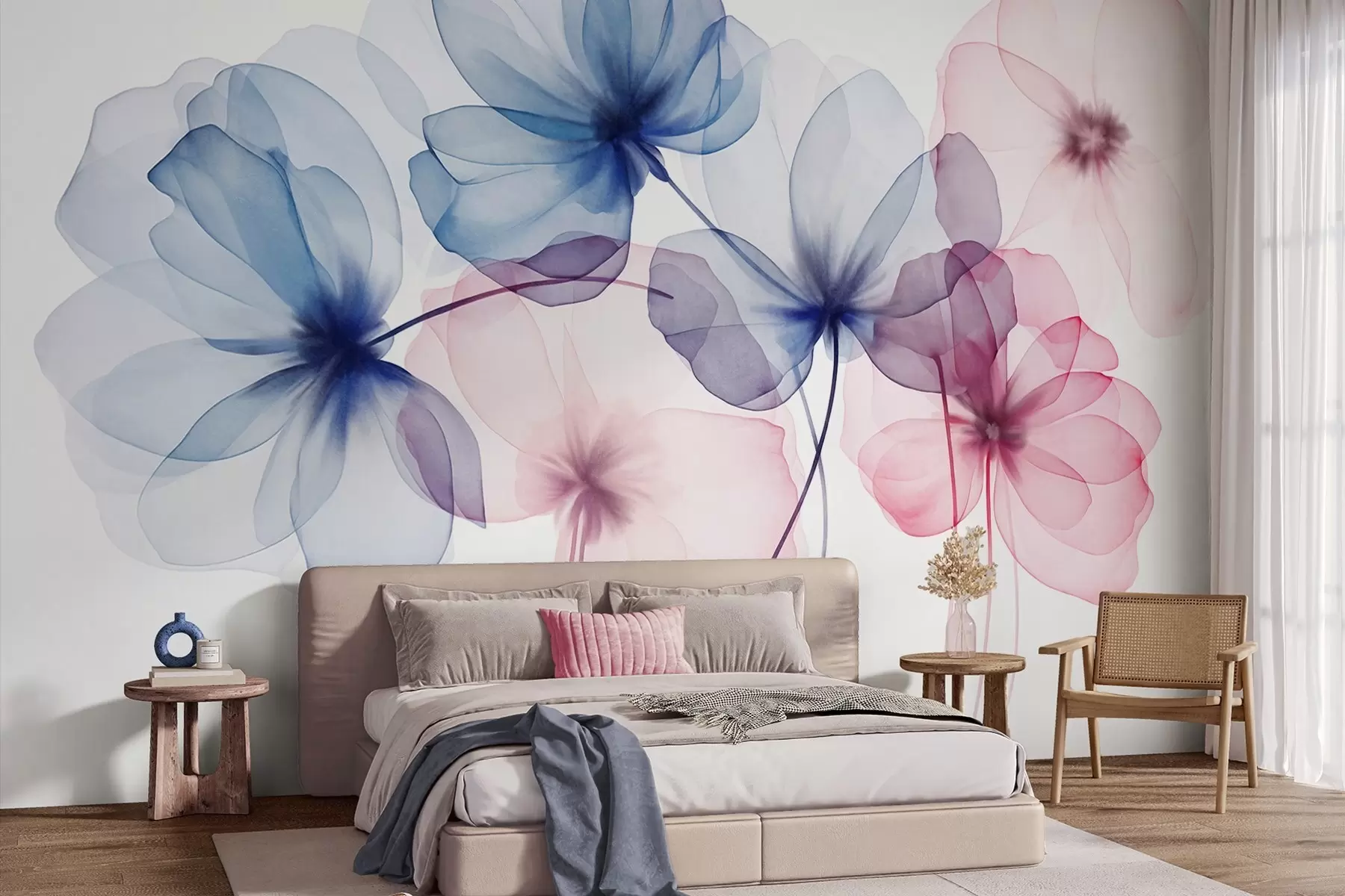 wall murals Translucent textured blue and pink flowers on light background, delicate petals overlapping w09892