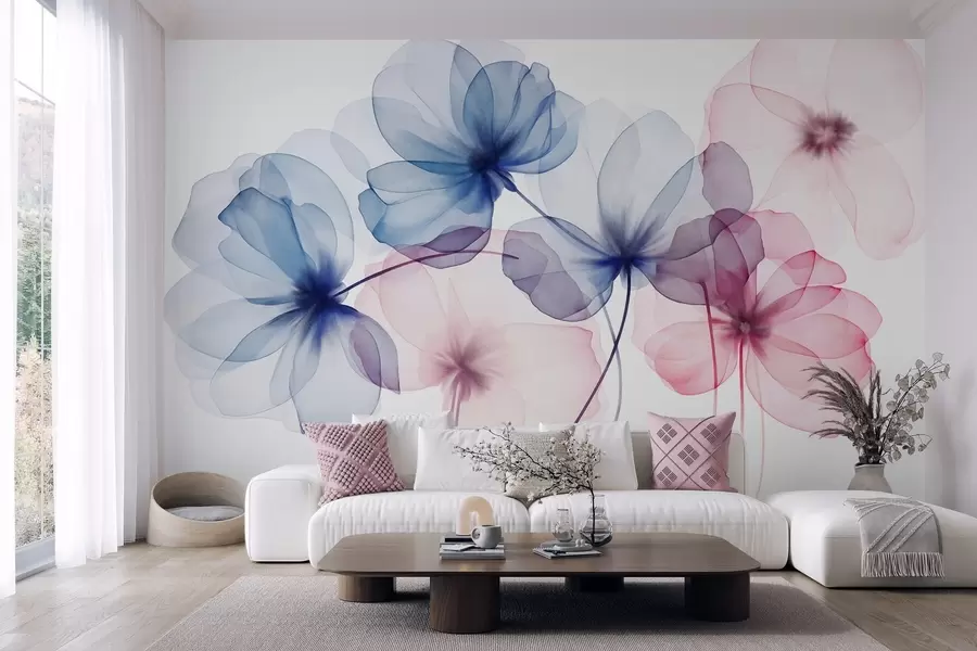wall murals Translucent textured blue and pink flowers on light background, delicate petals overlapping w09892