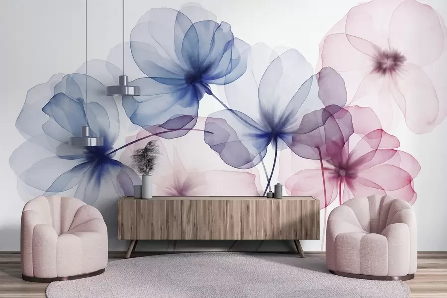 wall murals Translucent textured blue and pink flowers on light background, delicate petals overlapping w09892