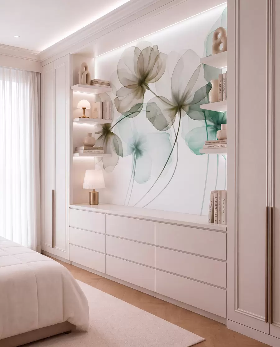 wall murals Translucent textured green and brown flowers on light background, delicate petals overlapping w09892v1